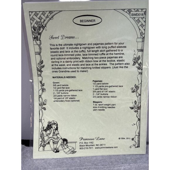 Primrose Lane Sweet Dreams Nightgown & Pajamas Pattern for 18" Dolls - Picture 2 of 4